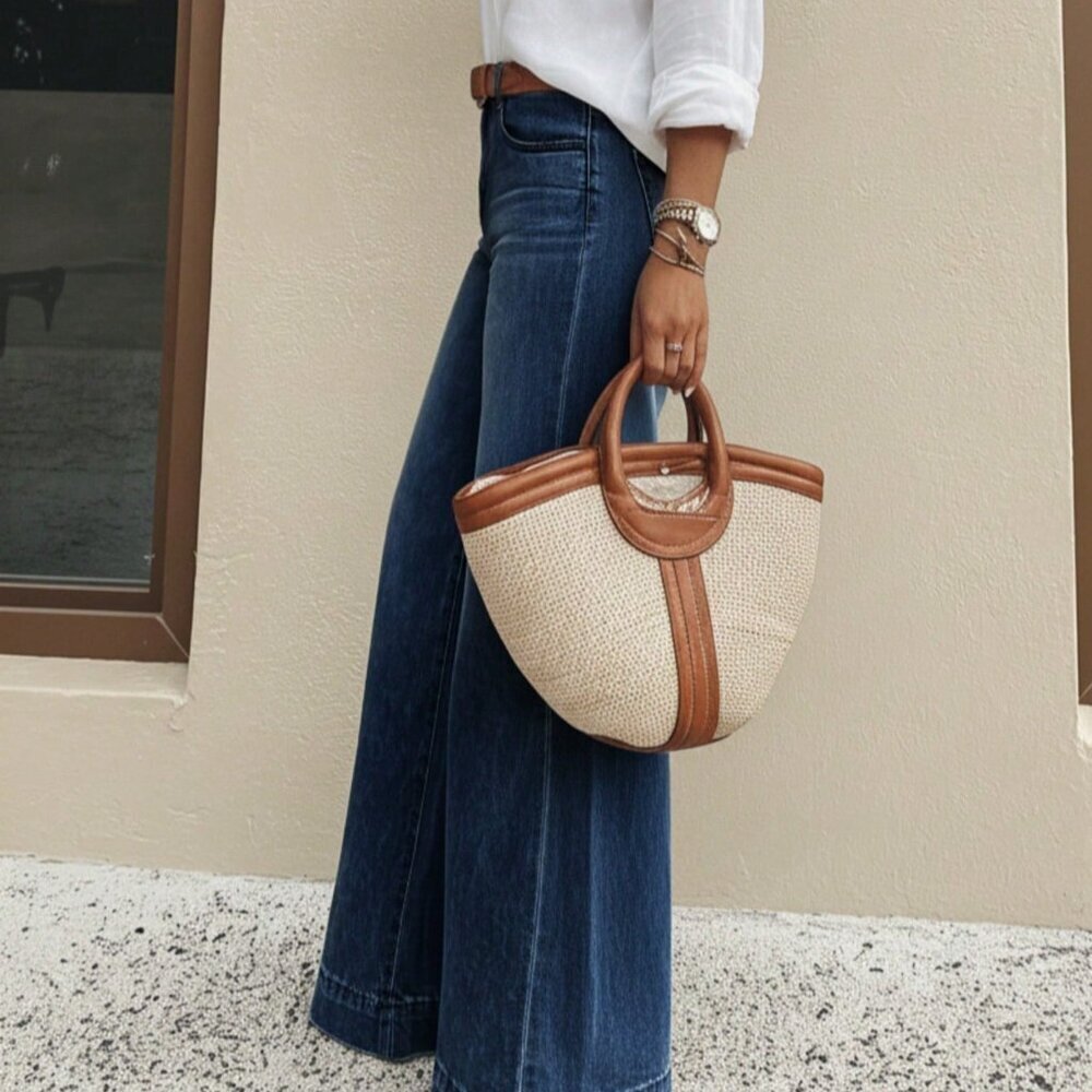 Dark Wash Women's Casual Wide Leg Long Jeans with Medium Stretch - Picture 2 of 5